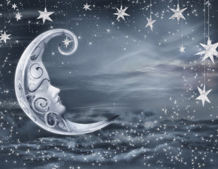 empty surreal fairy tale art background, night sky with moon face and stars, copy space