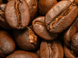 Coffee beans Close-up macro shot are roasted.