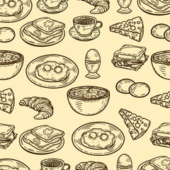 Vector hand drawn seamless pattern of breakfast.Eggs, toasts, cheese, coffee, croissant, sandwich and porridge in the engraving vintage style.