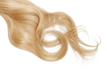 Disheveled blond hair isolated on white background. Long wavy ponytail