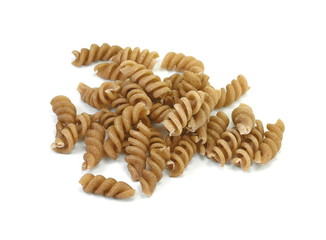 Buckwheat spiral dry pasta isolated on white. Ancooked pasta noodles isolated on white background.
