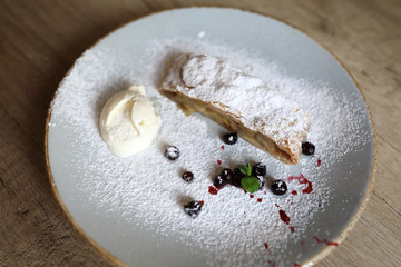 Ice cream strudel on plate