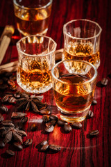 Brandy or liquor,Set of strong alcoholic drinks in glasses and shot glass on dark wood background