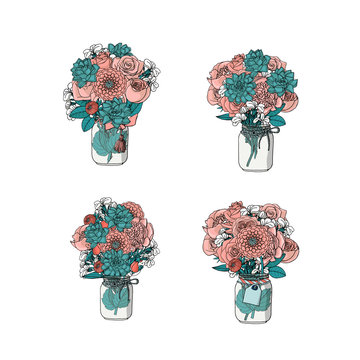Hand drawn doodle style bouquets of different flowers: succulent,peony,rose,dahlia,stock flower,sweet pea. isolated on white background. stock vector illustration