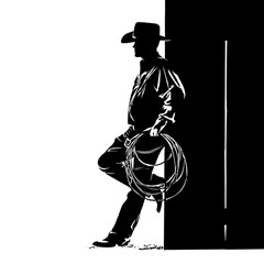 Man with cowboy hat and lasso. Digital sketch hand drawing vector. Illustration. Vector.