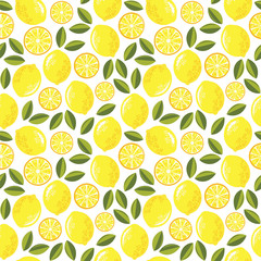 Juicy lemons. Seamless vector pattern with lemons and leaves.