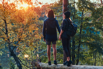 Romantic couple is standing on the log in green bright forest and watching sunset. They have backpacks and hats.