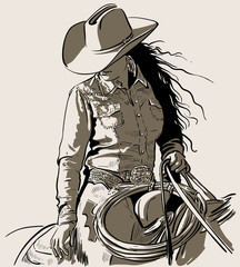 Naklejki  Kobieta w kowbojskim kapeluszu. Kowbojska dziewczyna na koniu z lasso. Ręcznie rysowane ilustracji wektorowych. Ilustracja. Wektor.
