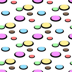 Colorful circles seamless pattern. Fashionable geometric background in trendy colors soft pink, navy blue, mint, coral, red, light grey, white. Simple dots texture. Stylish design for decor, prints