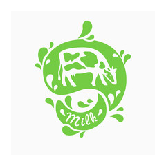 Symbol for dairy company with drops and splashes of milk. Green logo for organic drink. Sign with cow for natural farmers product. Label for bio lactic beverage. Vector illustration with farm animal.