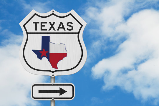 Texas map and state flag on a USA highway road sign