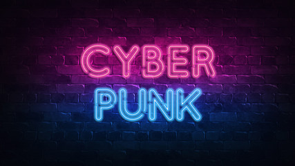 cyberpunk neon sign. purple and blue glow. neon text. Brick wall lit by neon lamps. Night lighting on the wall. 3d illustration. Trendy Design. light banner, bright advertisement