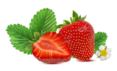 Fresh strawberries with leaves and flower isolated on white background with clipping path