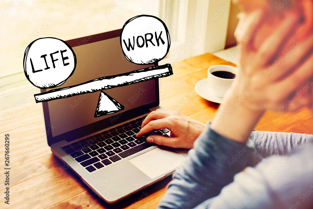 Poster life and work balance with man using a laptop computer