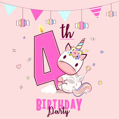 Birthday party invitation with baby unicorn