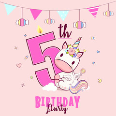 Birthday party invitation with baby unicorn