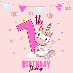 Birthday party invitation with baby unicorn