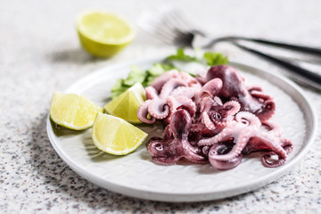 Baby octopus in a gray plate with lime and herbs on gray background. Selective focus
