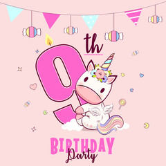 Birthday party invitation with baby unicorn