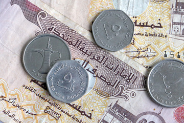 Close-up of dirham money, United Arab Emirates, notes and coins