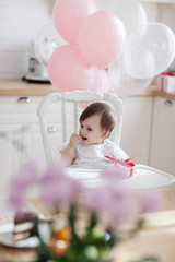 Beautiful baby girl sitting in highchair decorated with pink balloons, holding gift box and eating biscuit on her first birthday party