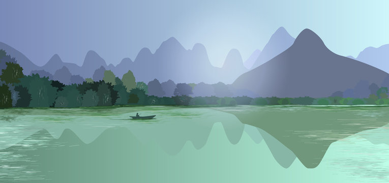 Panoramic abstract landscape with mountains, forest and water (river, lake). On the water a small boat with a silhouette of a man. Poster, billboard, vector illustration.