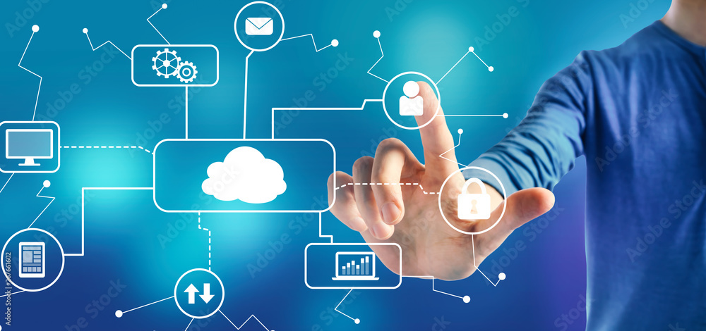 Poster cloud computing with a man on a blue background