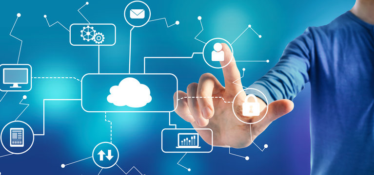 Cloud computing with a man on a blue background