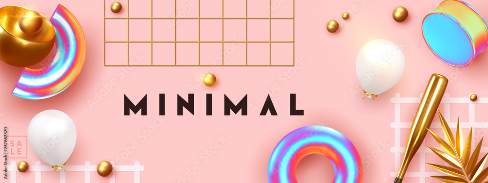 Poster minimal design background with realistic 3d objects of different shapes