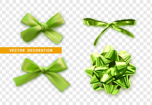 Set ribbon bows. Bow isolated realistic decorations of satin material and fabric