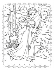 Fototapeta na wymiar Coloring Book Of Beautiful Girl In The Forest