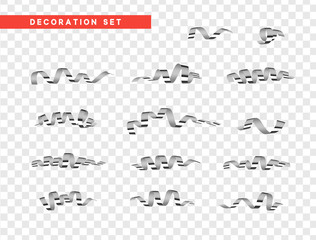 Realistic shiny silver confetti isolated on transparent background. Bright festive tinsel of white color.
