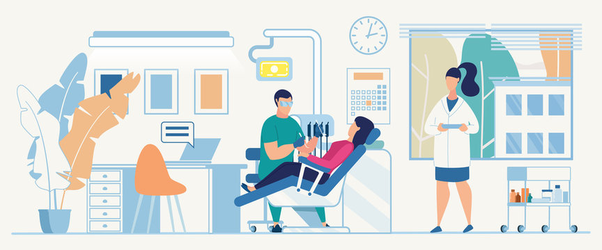 Dentist Cabinet Interior Illustration Woman Patient on Chair Man Doctor Treat Teeth. Using Tools Female Assistant Standing Holding Medical Card Orthodontic. Service Consultation Medical Diagnosis