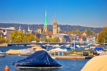 Zurich waterfront landmarks and church colorful view