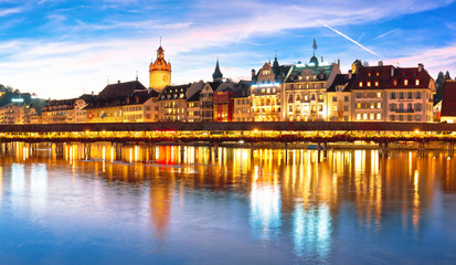 Fototapeta na wymiar Luzern Kapelbrucke and riverfront architecture famous Swiss landmarks panoramic view