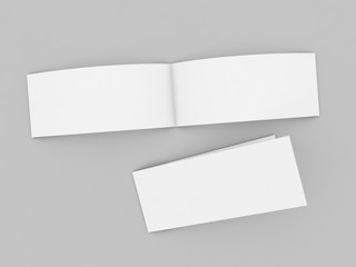 Open postcard mockup on gray background. 3d render illustration.