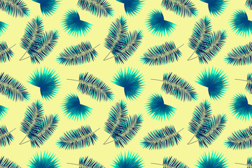 Palms leaves seamless pattern. Summer background with tropical plants. Tepmplate vector wallpaper. trendy backdrop. Bright colors. Textile and fabric print