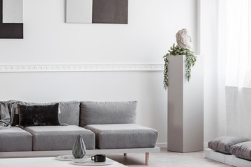 Grey concrete column with head and green flower in monochromatic living room interior