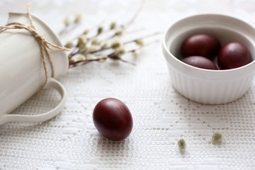Easter still life with egg and willow on white background