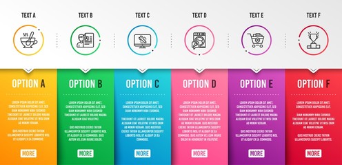 Remove purchase, Job interview and Washing machine icons simple set. Tea cup, Monitor repair and Winner podium signs. Delete from cart, Cv file. Business set. Infographic template. 6 steps timeline