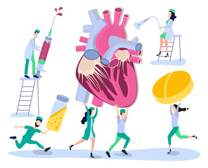 Fototapeta na wymiar Human health. Prevention, treatment and diagnosis of heart disease, cardiovascular disease. Doctor, nurse and cardiologist provide medical care. Vector illustration in comic style