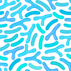 Seamless pattern with probiotics. Lactic acid bacterium. Bifidobacterium, lactobacillus. Microbiome. Microbiota. Medicine or dietary supplements for gastrointestinal health. Label, wrapping. Vector