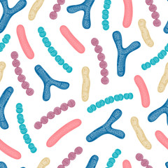 Seamless pattern with probiotics. Bifidobacterium, lactobacillus, streptococcus thermophilus, lactococcus, propionibacterium. Medicine or dietary supplements for gastrointestinal health. Vector, eps10