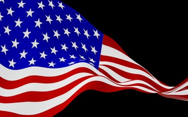 Waving flag of the United States of America on a dark background. Stars and Stripes. State symbol of the USA. 3D illustration