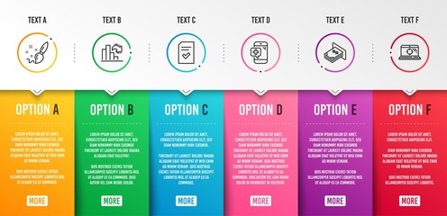 Checked file, Medical phone and Paint brush icons simple set. Atm money, Decreasing graph and Seo laptop signs. Correct document, Mobile medicine. Business set. Infographic template. 6 steps timeline