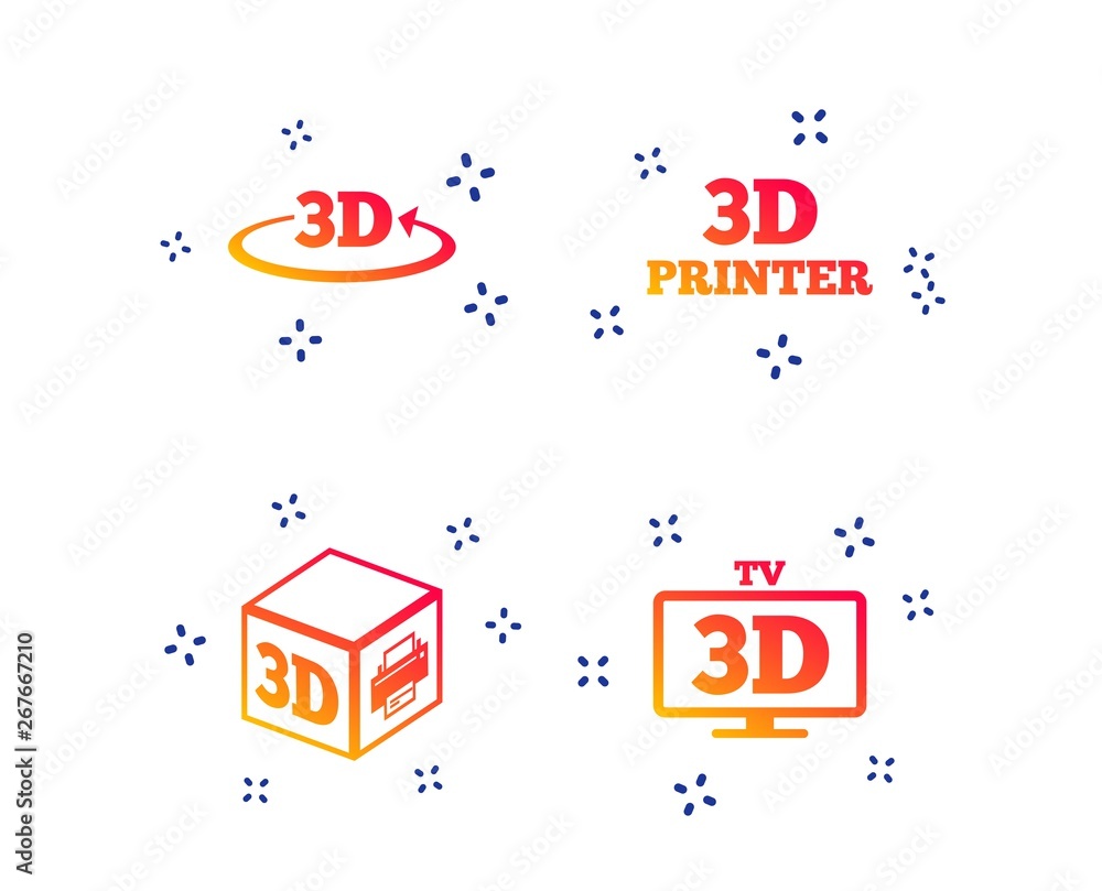 Poster 3d technology icons. printer, rotation arrow sign symbols. print cube. random dynamic shapes. gradie