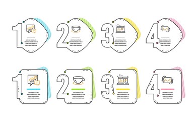 Accounting, Espresso and Sound check icons simple set. Refresh mail sign. Supply and demand, Coffee cup, Dj controller. New e-mail. Business set. Infographic timeline. Line accounting icon. Vector