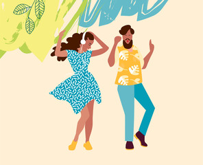 Dancing young people. A man and a woman dance and move to the music at a party, festival or carnival. Joyful emotions. Vector illustration