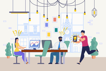 Smart New Idea for Business, Problem Unexpected Solution, Innovation in Work Flat Vector Concept. Company Office Workers Sitting at Desks, Surprised Because of Colleague Brilliant Idea Illustration