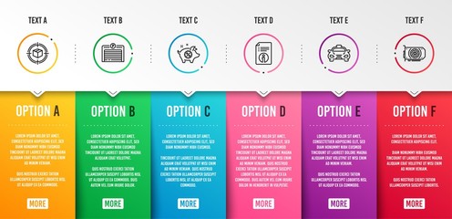 Piggy sale, Parking garage and Technical info icons simple set. Parcel tracking, Taxi and Gpu signs. Discounts, Automatic door. Business set. Infographic template. 6 steps timeline. Business options